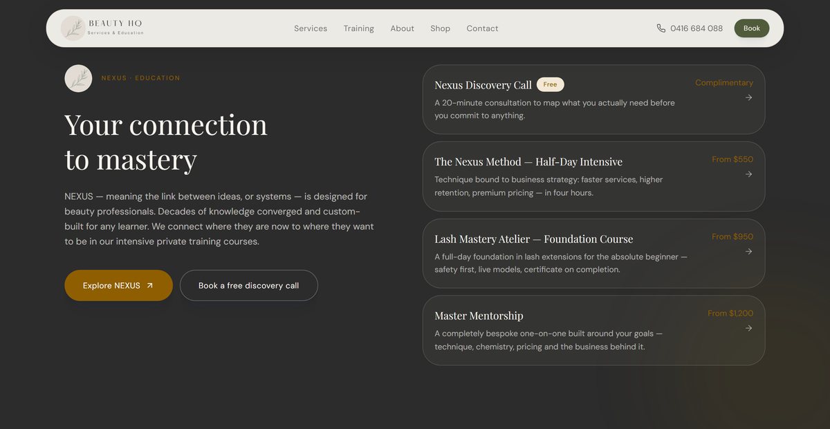 Beauty HQ NEXUS training section on a dark background, listing four courses from a free discovery call to a master mentorship with prices