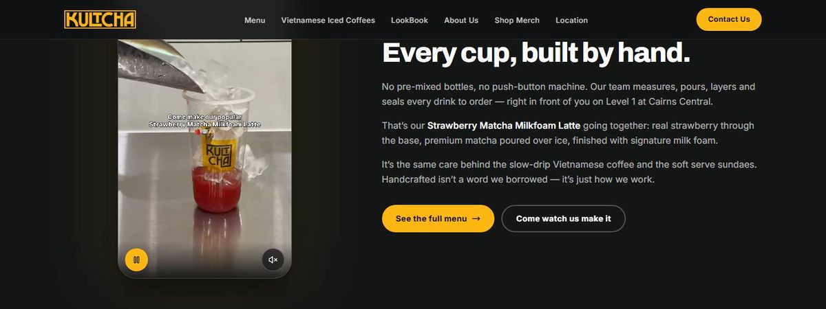 Kultcha website section headed “Every cup, built by hand.” beside a vertical video of a drink being made