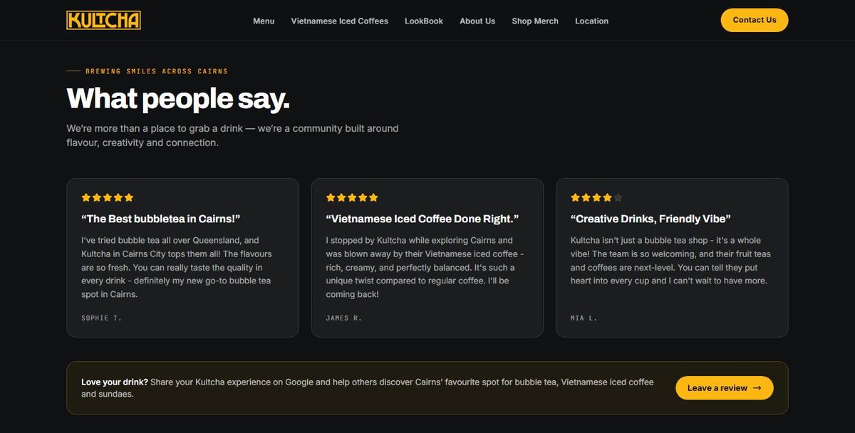Kultcha website review wall with three five-star customer quotes and a leave-a-review prompt